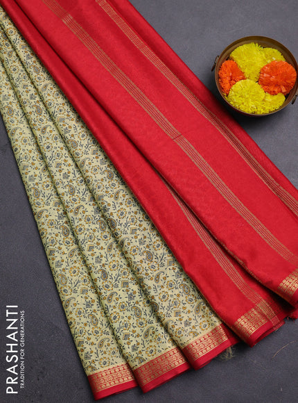 Pale Yellow & Red Semi Mysore Silk Saree - Prints
