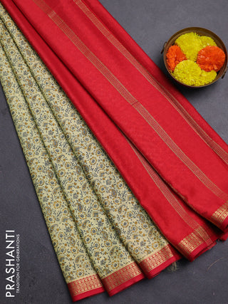 Pale Yellow & Red Semi Mysore Silk Saree - Prints