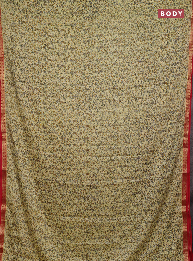 Pale Yellow & Red Semi Mysore Silk Saree - Prints