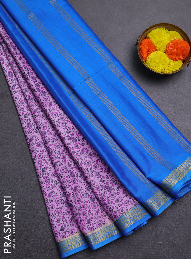 Lotus Pink & Cs Blue Semi Mysore Silk Saree - Prints