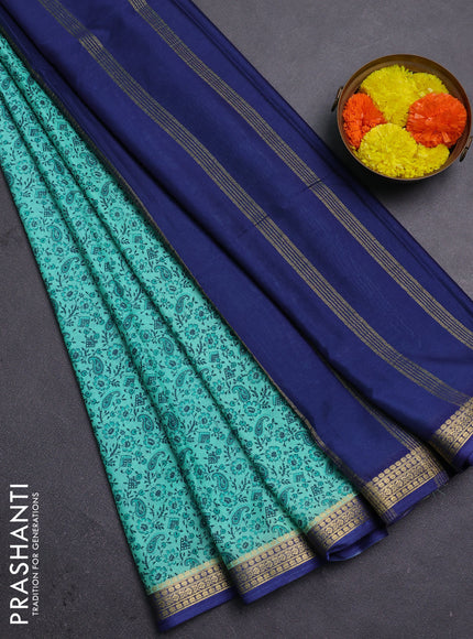 Teal Green & Blue Semi Mysore Silk Saree - Prints