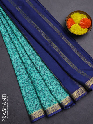 Teal Green & Blue Semi Mysore Silk Saree - Prints