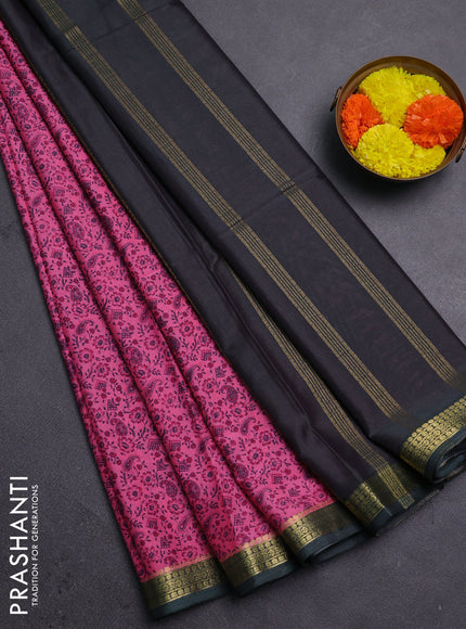 Pink & Bottle Green Semi Mysore Silk Saree - Prints
