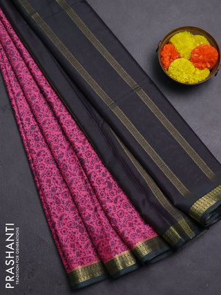 Pink & Bottle Green Semi Mysore Silk Saree - Prints