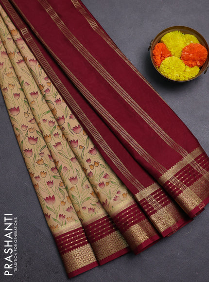 Beige & Maroon Semi Mysore Silk Saree - Prints