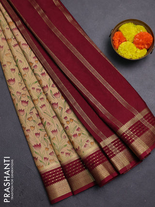 Beige & Maroon Semi Mysore Silk Saree - Prints