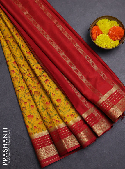 Yellow & Red Semi Mysore Silk Saree - Prints