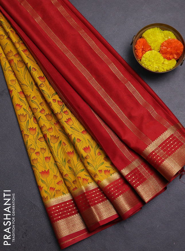 Yellow & Red Semi Mysore Silk Saree - Prints