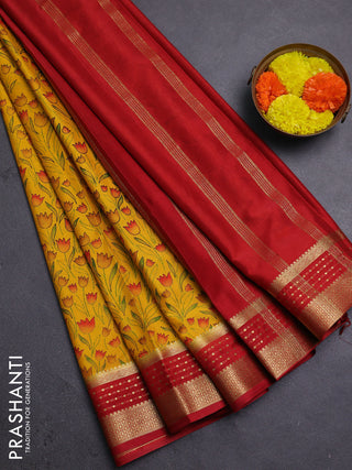 Yellow & Red Semi Mysore Silk Saree - Prints