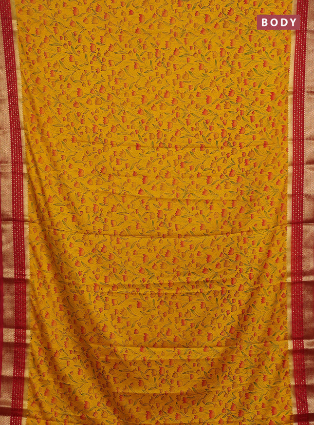 Yellow & Red Semi Mysore Silk Saree - Prints