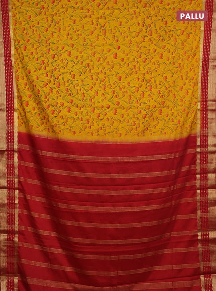 Yellow & Red Semi Mysore Silk Saree - Prints