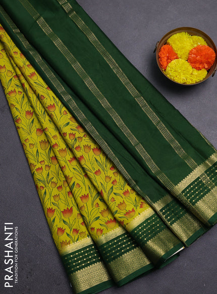 Lime Green & Green Semi Mysore Silk Saree - Prints