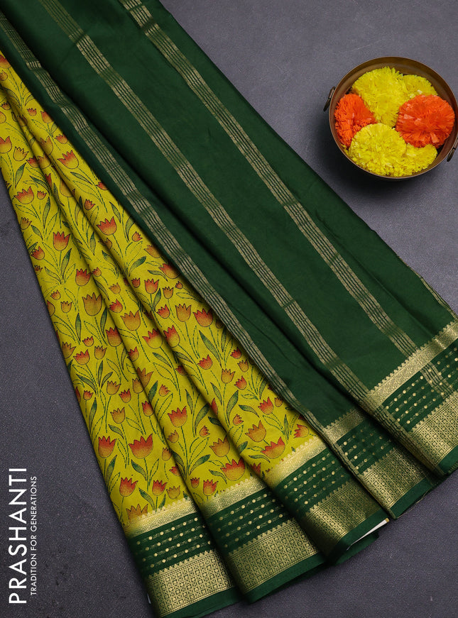 Lime Green & Green Semi Mysore Silk Saree - Prints