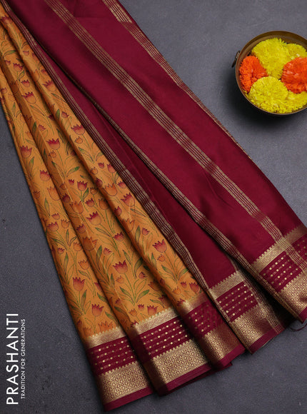 Peach & Wine Semi Mysore Silk Saree - Prints
