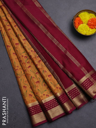 Peach & Wine Semi Mysore Silk Saree - Prints