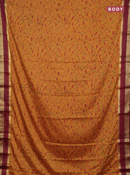 Peach & Wine Semi Mysore Silk Saree - Prints