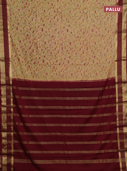 Beige & Maroon Semi Mysore Silk Saree - Prints