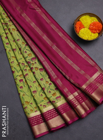 Pista Green & Pink Semi Mysore Silk Saree - Prints