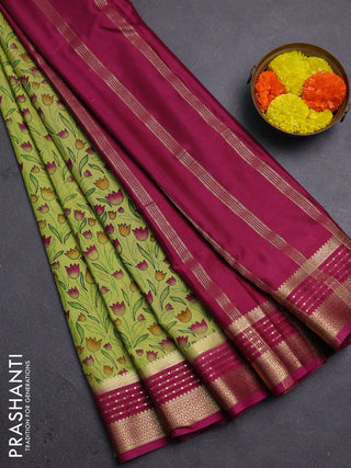 Pista Green & Pink Semi Mysore Silk Saree - Prints