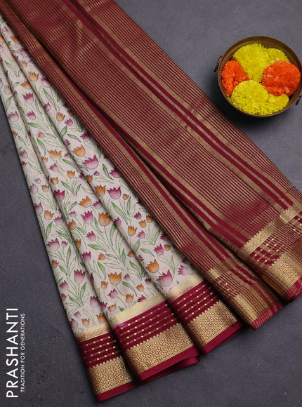 Beige & Maroon Semi Mysore Silk Saree - Prints