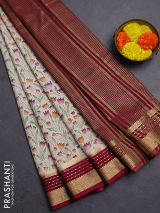 Beige & Maroon Semi Mysore Silk Saree - Prints