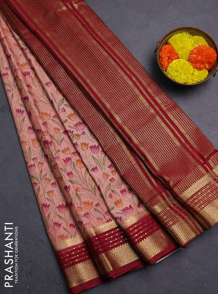 Peach & Maroon Semi Mysore Silk Saree - Prints