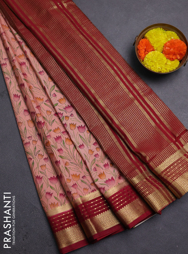 Peach & Maroon Semi Mysore Silk Saree - Prints
