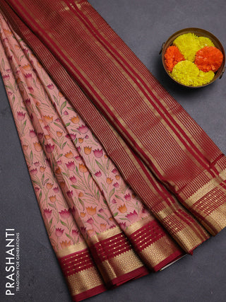 Peach & Maroon Semi Mysore Silk Saree - Prints