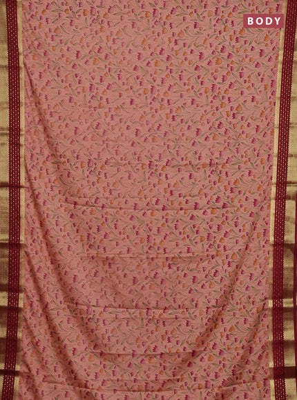 Peach & Maroon Semi Mysore Silk Saree - Prints
