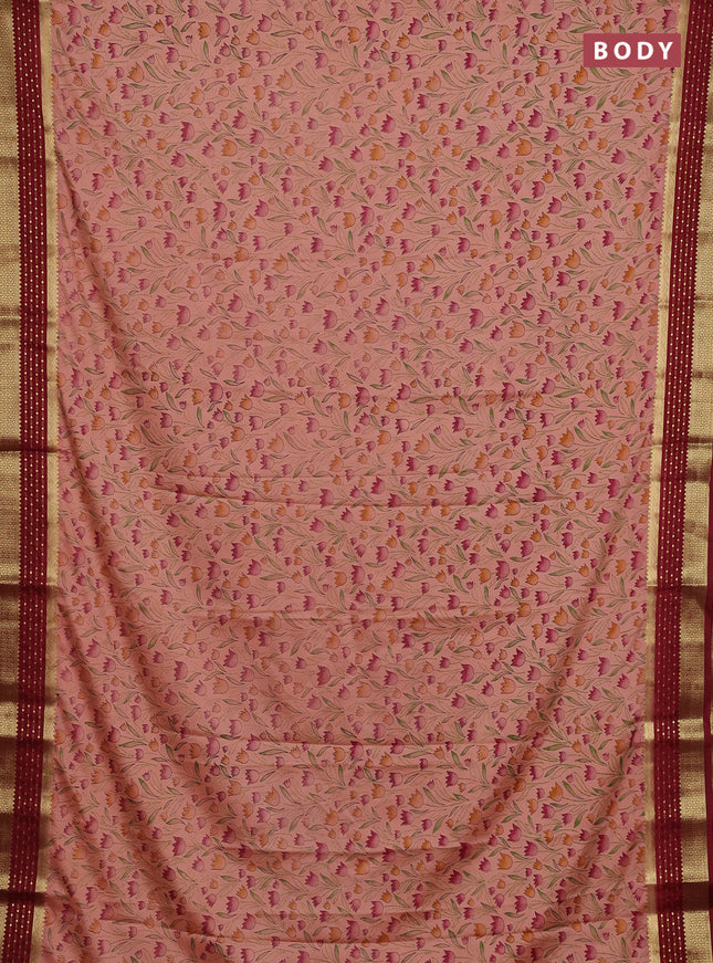 Peach & Maroon Semi Mysore Silk Saree - Prints