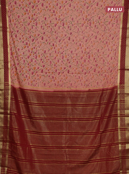 Peach & Maroon Semi Mysore Silk Saree - Prints
