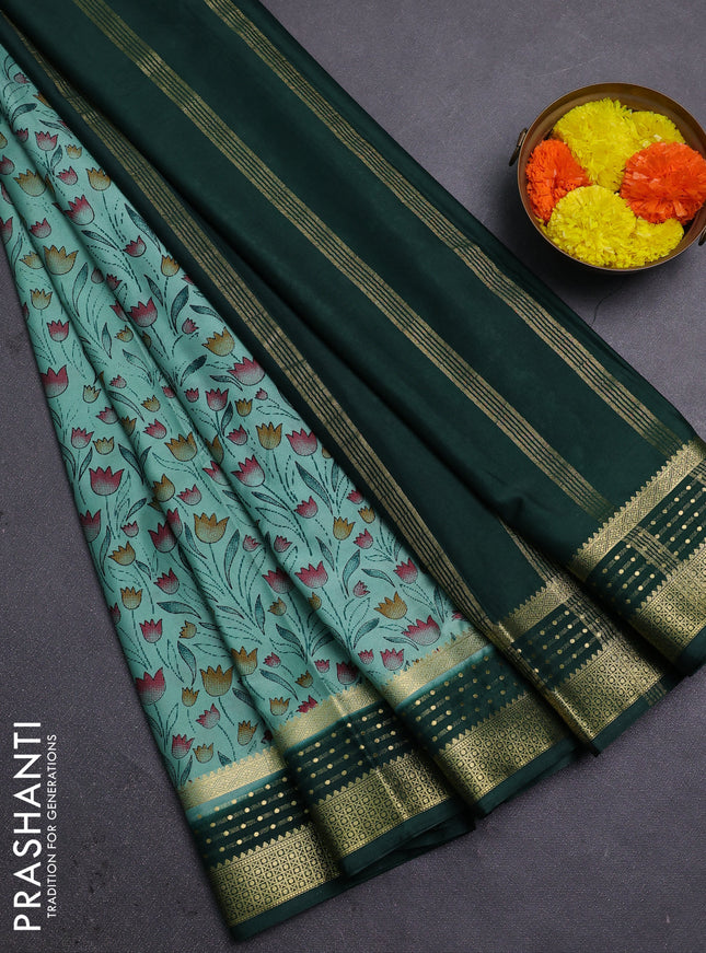 Pastel Green & Green Semi Mysore Silk Saree - Prints