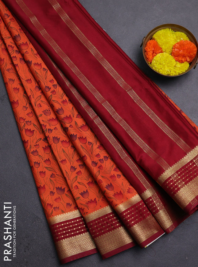 Orange & Maroon Semi Mysore Silk Saree - Prints