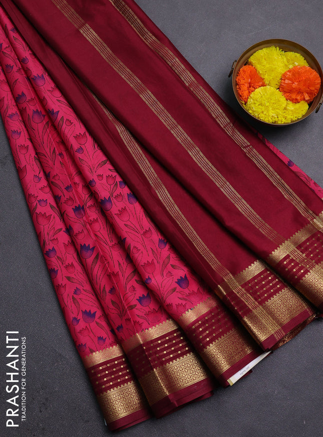 Peach Pink & Maroon Semi Mysore Silk Saree - Prints