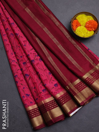 Peach Pink & Maroon Semi Mysore Silk Saree - Prints