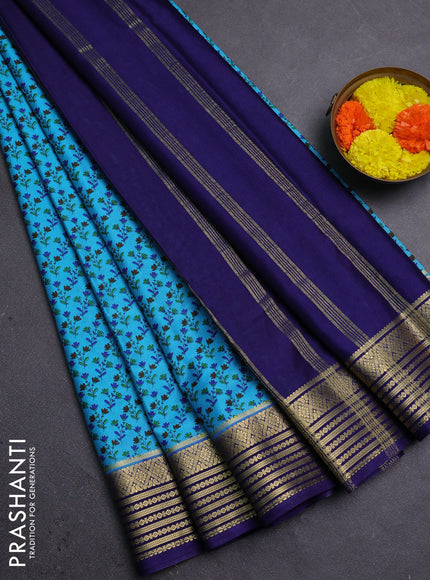 Teal Blue & Navy Blue Semi Mysore Silk Saree - Prints