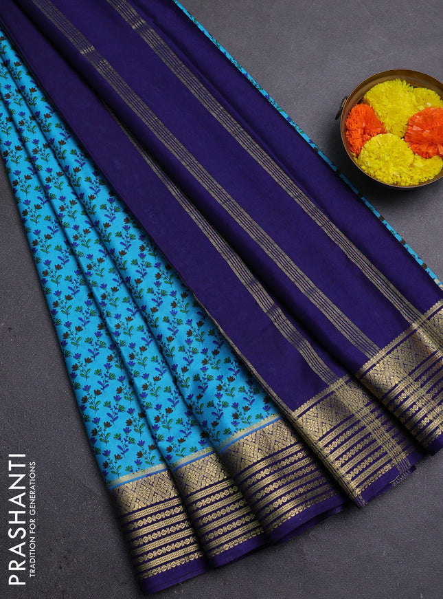 Teal Blue & Navy Blue Semi Mysore Silk Saree - Prints