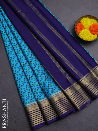 Teal Blue & Navy Blue Semi Mysore Silk Saree - Prints
