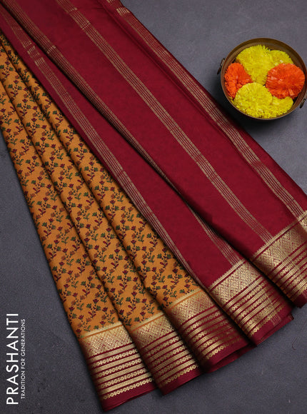 Mustard Yellow & Maroon Semi Mysore Silk Saree - Prints