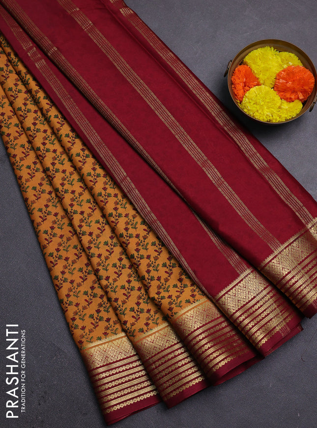 Mustard Yellow & Maroon Semi Mysore Silk Saree - Prints