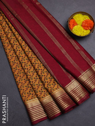 Mustard Yellow & Maroon Semi Mysore Silk Saree - Prints