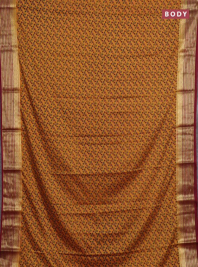 Mustard Yellow & Maroon Semi Mysore Silk Saree - Prints