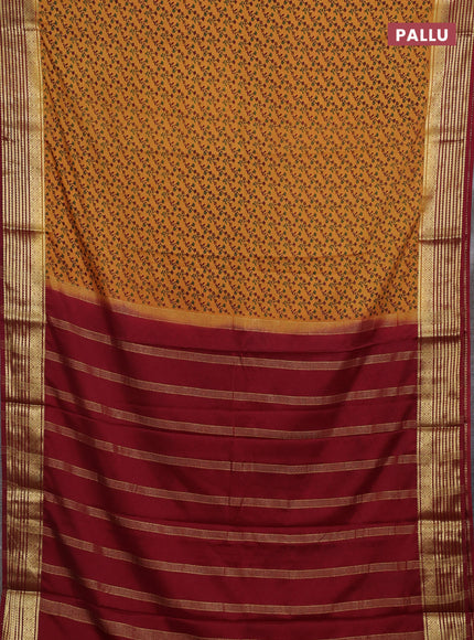 Mustard Yellow & Maroon Semi Mysore Silk Saree - Prints