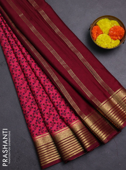 Pink & Wine Semi Mysore Silk Saree - Prints