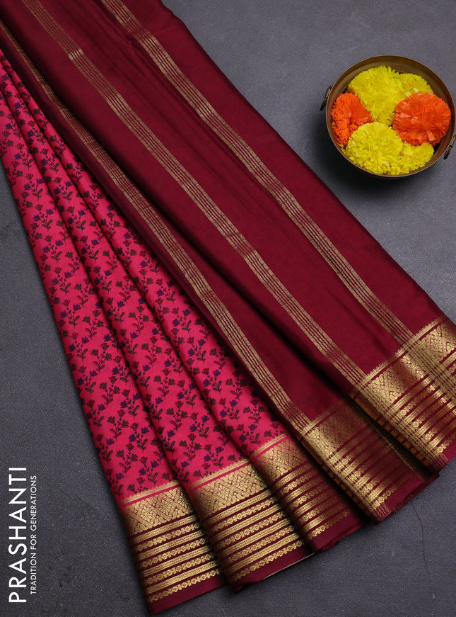 Pink & Wine Semi Mysore Silk Saree - Prints