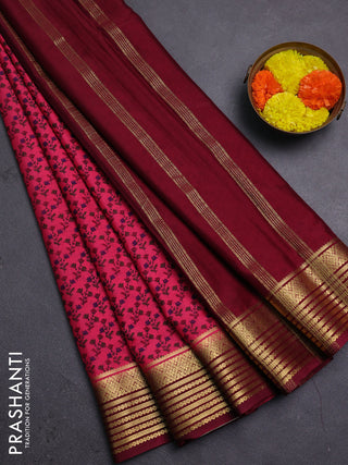 Pink & Wine Semi Mysore Silk Saree - Prints