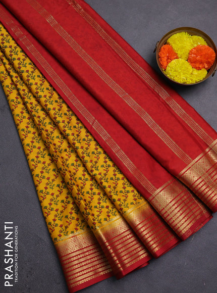 Yellow & Red Semi Mysore Silk Saree - Prints