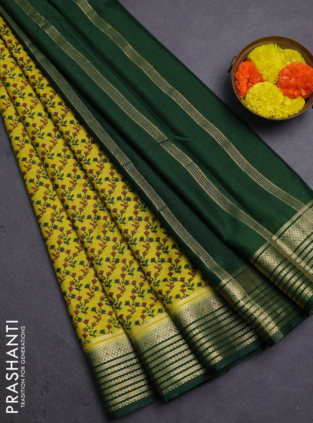 Lime Green & Green Semi Mysore Silk Saree - Prints