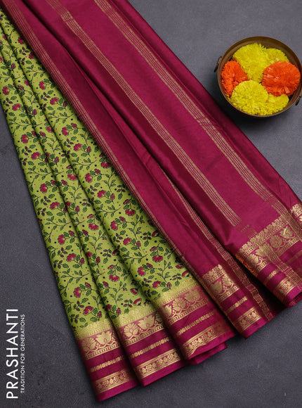 Green & Wine Semi Mysore Silk Saree - Prints