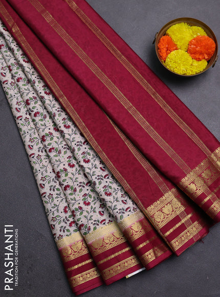 Cream & Maroon Semi Mysore Silk Saree - Prints
